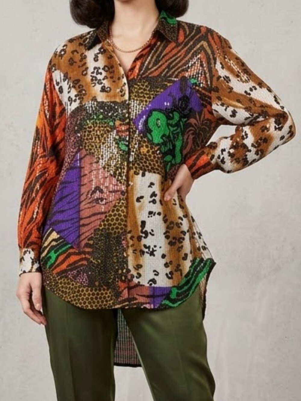 Judith Ann Rare Vintage Silk Button Down NWT - Sequin Embellished Hi-Lo Blouse M